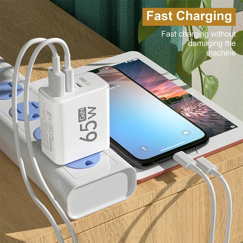 Carregador GaN de carregamento rápido USB tipo C de 65 W UE KR EUA PD 3.0 Adaptador de parede para carregamento rápido de telefone para iPhone 15 Xiaomi Huawei Samsung