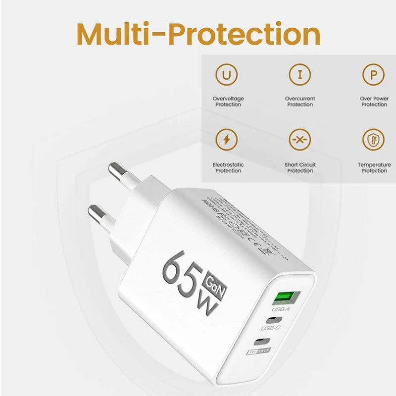 Carregador GaN de carregamento rápido USB tipo C de 65 W UE KR EUA PD 3.0 Adaptador de parede para carregamento rápido de telefone para iPhone 15 Xiaomi Huawei Samsung