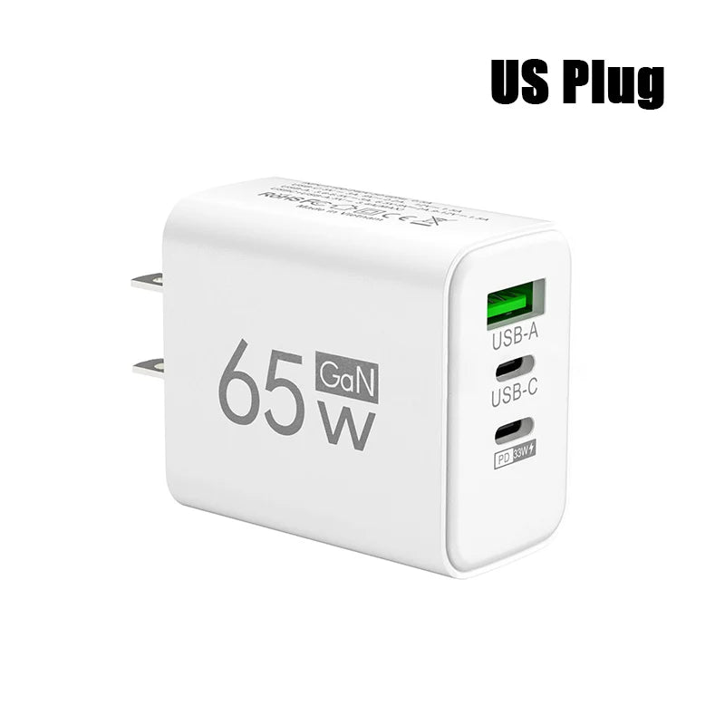 Carregador GaN de carregamento rápido USB tipo C de 65 W UE KR EUA PD 3.0 Adaptador de parede para carregamento rápido de telefone para iPhone 15 Xiaomi Huawei Samsung