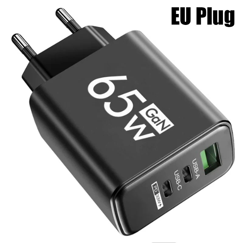Carregador GaN de carregamento rápido USB tipo C de 65 W UE KR EUA PD 3.0 Adaptador de parede para carregamento rápido de telefone para iPhone 15 Xiaomi Huawei Samsung