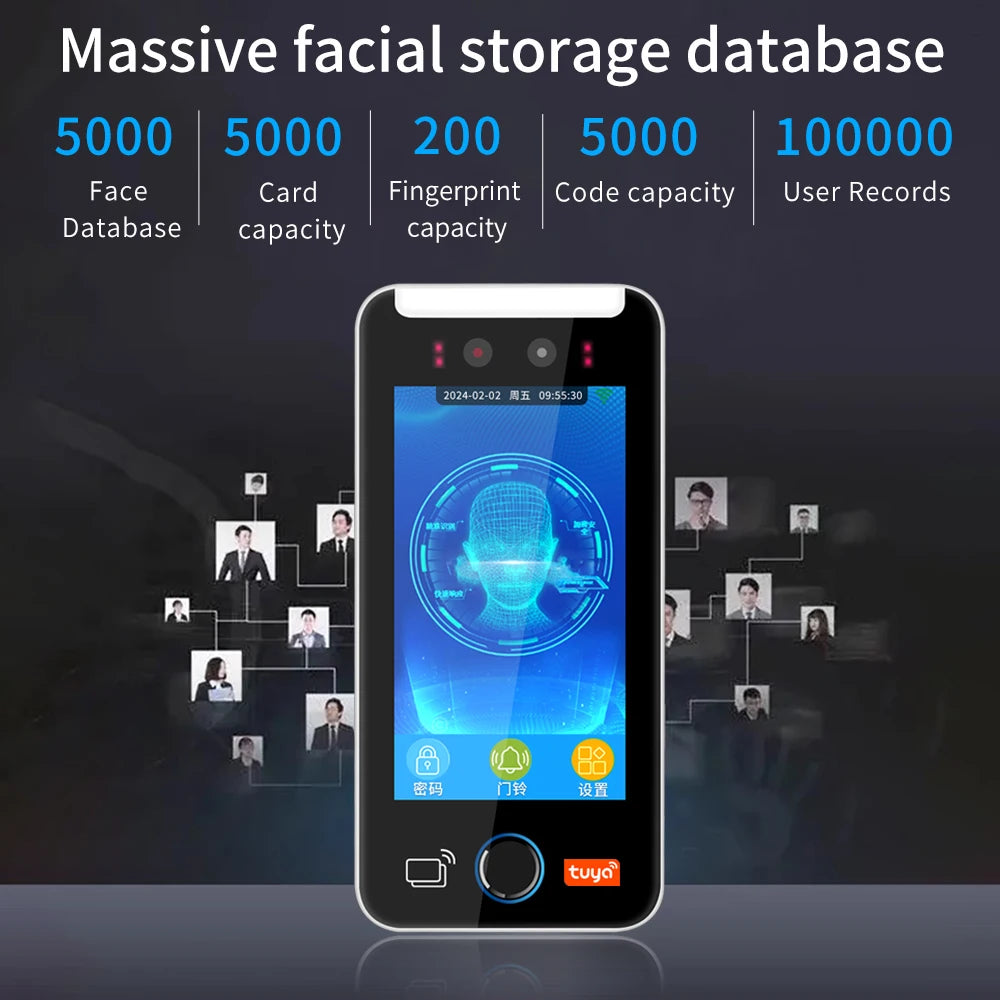 5 inch Touch Screen Server WIFI Tuya Face Recognition Fingerprint Access Control With RFID Reader Face Time Attendance Machine