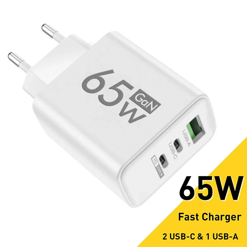 Carregador GaN de carregamento rápido USB tipo C de 65 W UE KR EUA PD 3.0 Adaptador de parede para carregamento rápido de telefone para iPhone 15 Xiaomi Huawei Samsung