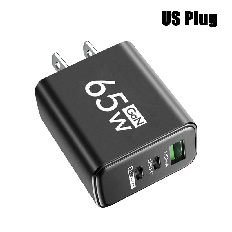 Carregador GaN de carregamento rápido USB tipo C de 65 W UE KR EUA PD 3.0 Adaptador de parede para carregamento rápido de telefone para iPhone 15 Xiaomi Huawei Samsung