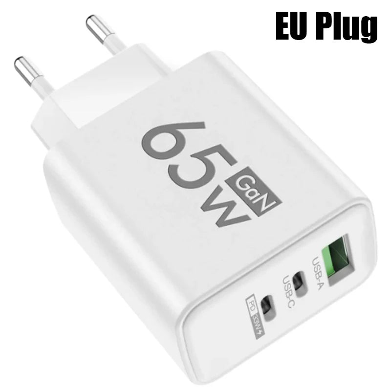 Carregador GaN de carregamento rápido USB tipo C de 65 W UE KR EUA PD 3.0 Adaptador de parede para carregamento rápido de telefone para iPhone 15 Xiaomi Huawei Samsung
