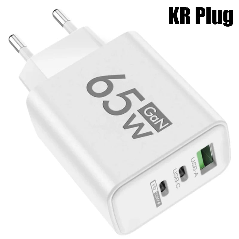 Carregador GaN de carregamento rápido USB tipo C de 65 W UE KR EUA PD 3.0 Adaptador de parede para carregamento rápido de telefone para iPhone 15 Xiaomi Huawei Samsung