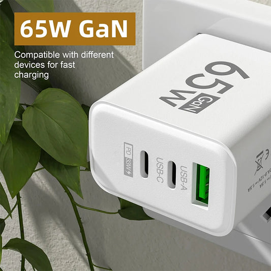 Carregador GaN de carregamento rápido USB tipo C de 65 W UE KR EUA PD 3.0 Adaptador de parede para carregamento rápido de telefone para iPhone 15 Xiaomi Huawei Samsung